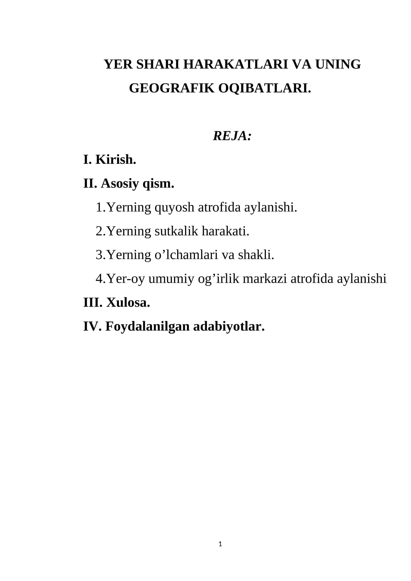 YER SHARI HARAKATLARI VA UNING GEOGRAFIK OQIBATLARI