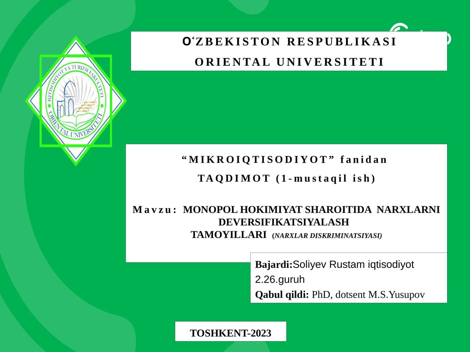 MONOPOL HOKIMIYAT SHAROITIDA NARXLARNI DEVERSIFIKATSIYALASH TAMOYILLARI(NARXLAR DISKRIMINATSIYASI)