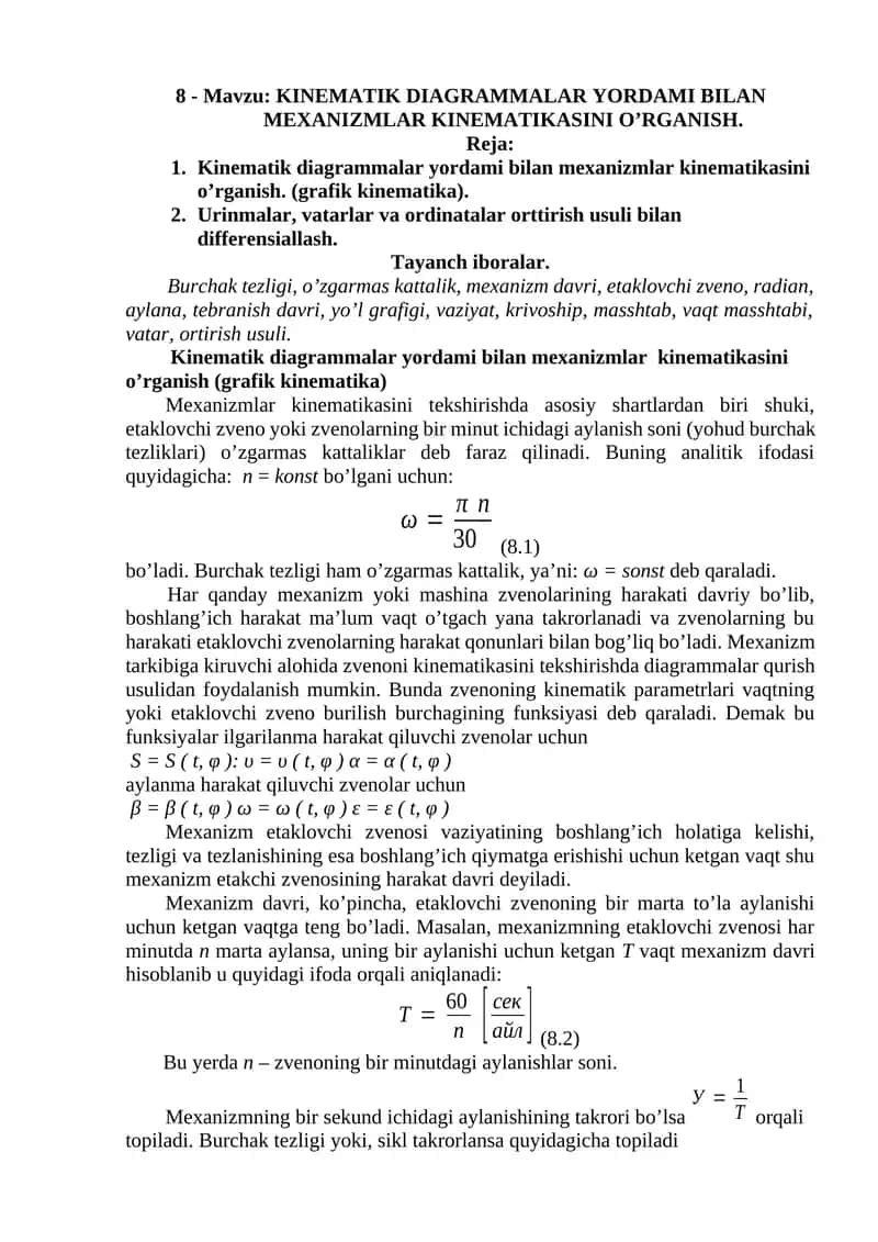 KINEMATIK DIAGRAMMALAR YORDAMI BILAN MEXANIZMLAR KINEMATIKASI