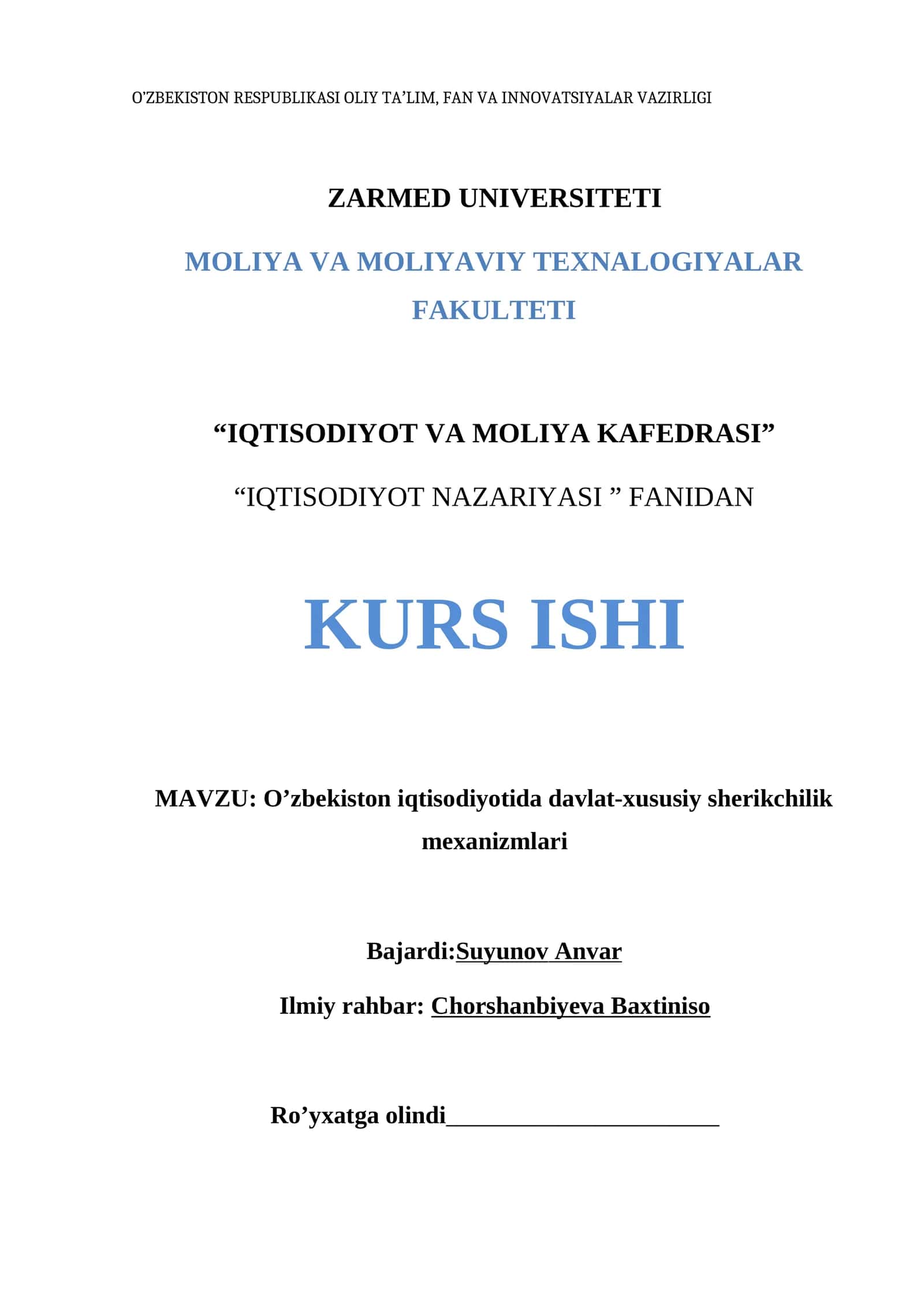 O’zbekiston iqtisodiyotida davlat-xususiy sherikchilik mexanizmlari