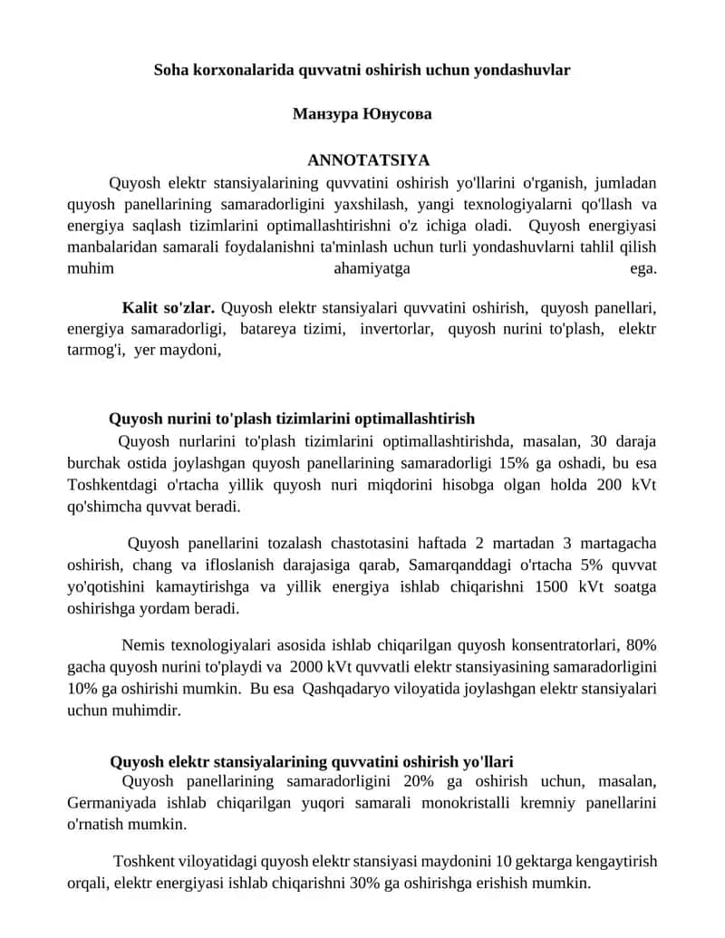 Quyosh elektr stansiyalarining quvvatini oshirish yo'llari