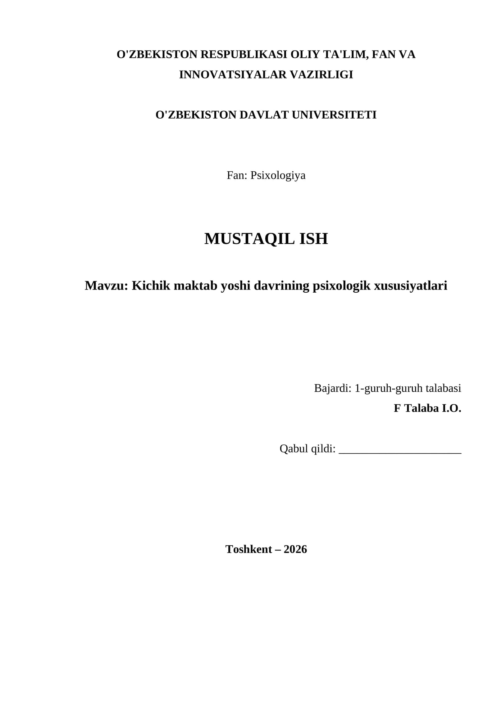 Kichik maktab yoshi davrining psixologik xususiyatlari