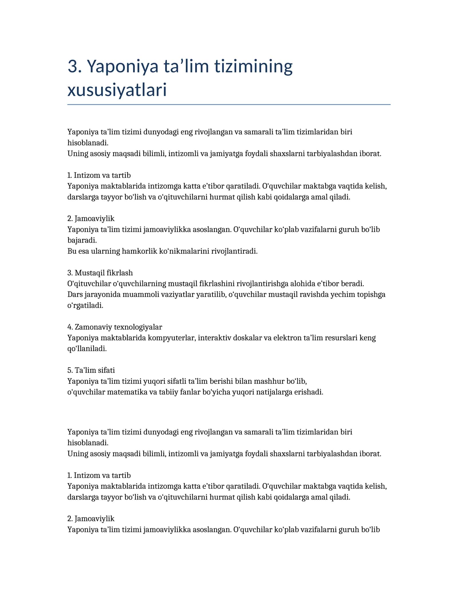 Yaponiya ta’lim tizimining xususiyatlari — Pedagogika kurs ishi bo‘limi