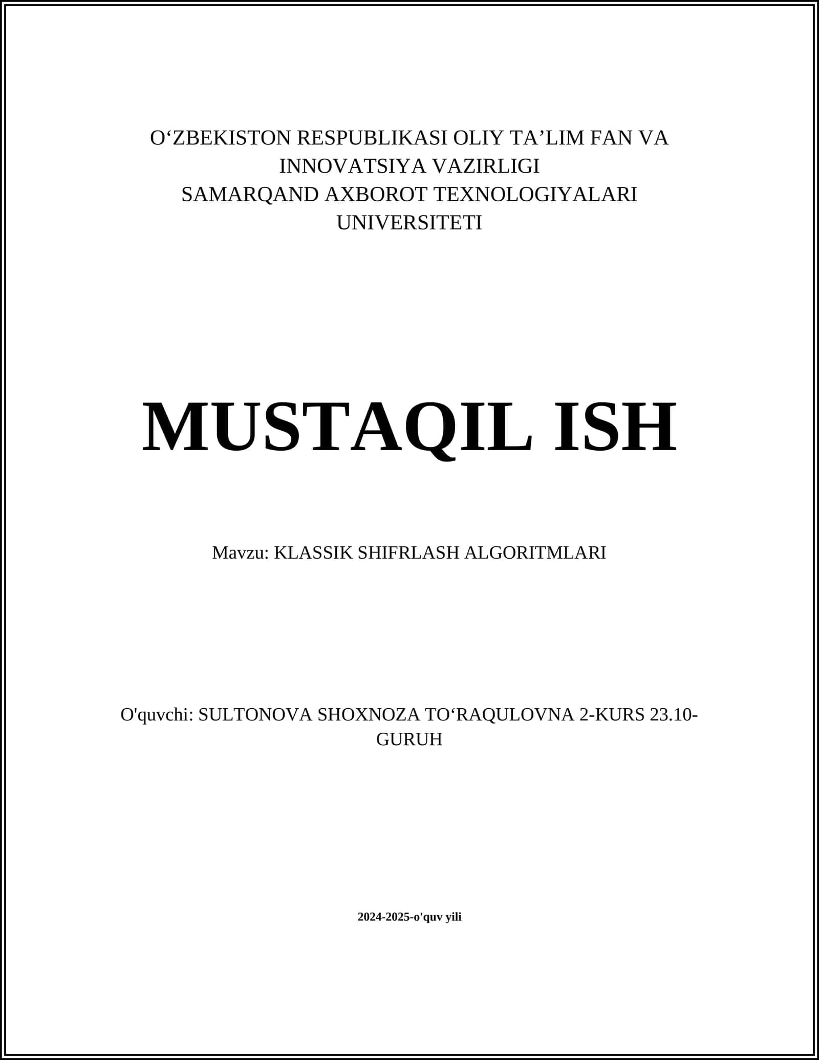 KLASSIK SHIFRLASH ALGORITMLARI