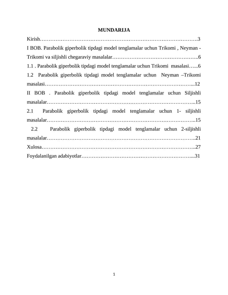 Parabolik-giperbolik tipdagi model tenglamalr uchun Trikomi, Neyman-Trikomi va siljish chegaraviy masalalar.