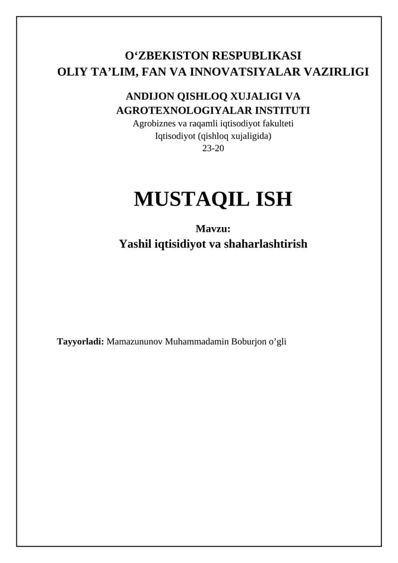 Yashil iqtisodiyot va urbanizatsiyaning asosiy tamoyillari