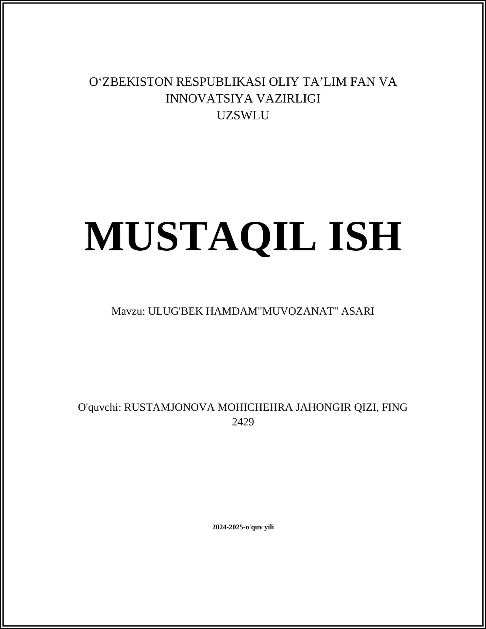 ULUG'BEK HAMDAM"MUVOZANAT" ASARI