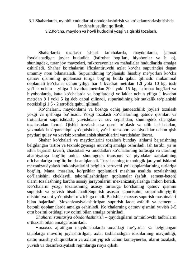 Shaharlarda uy oldi xududlarini obodonlashtirish va ko‘kalamzorlashtirish