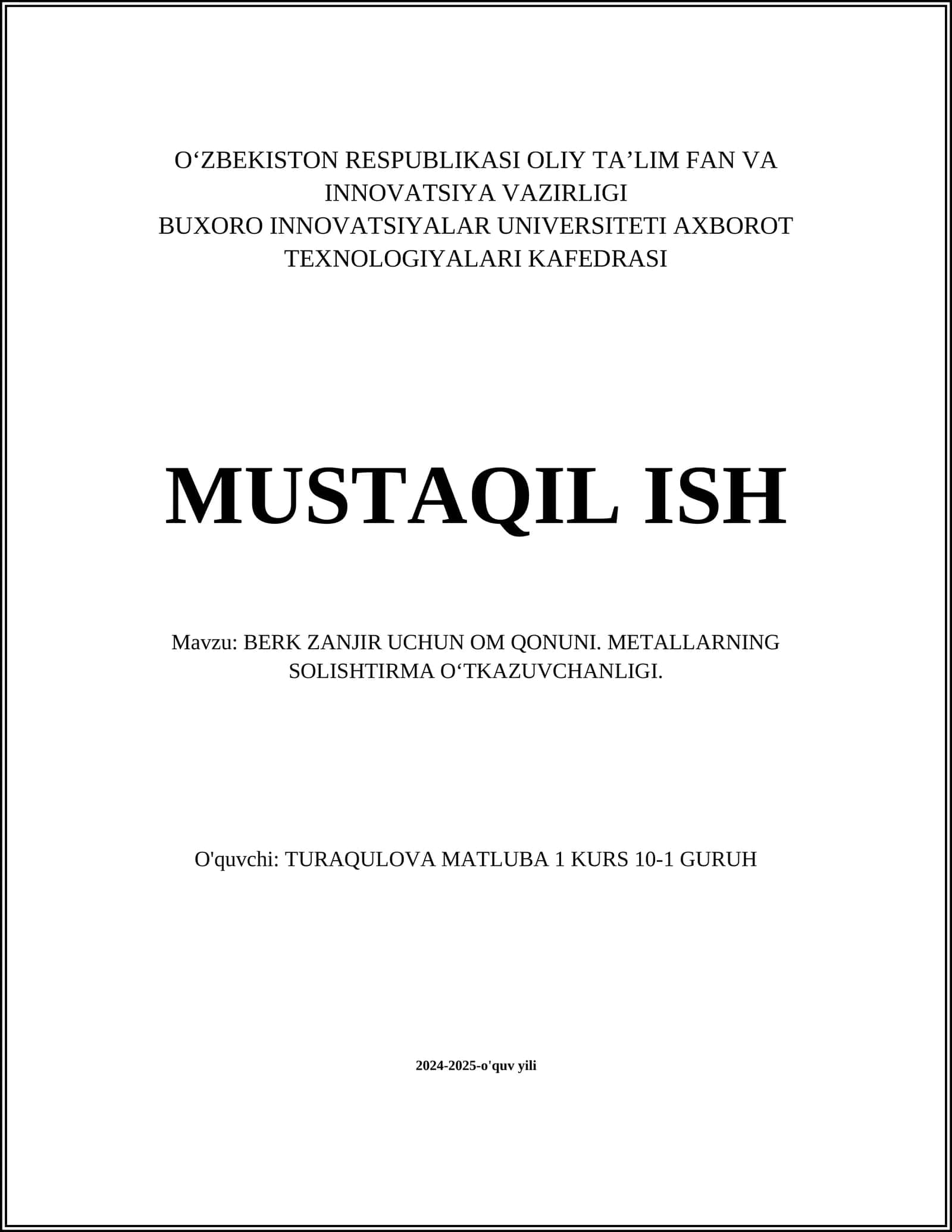 BERK ZANJIR UCHUN OM QONUNI