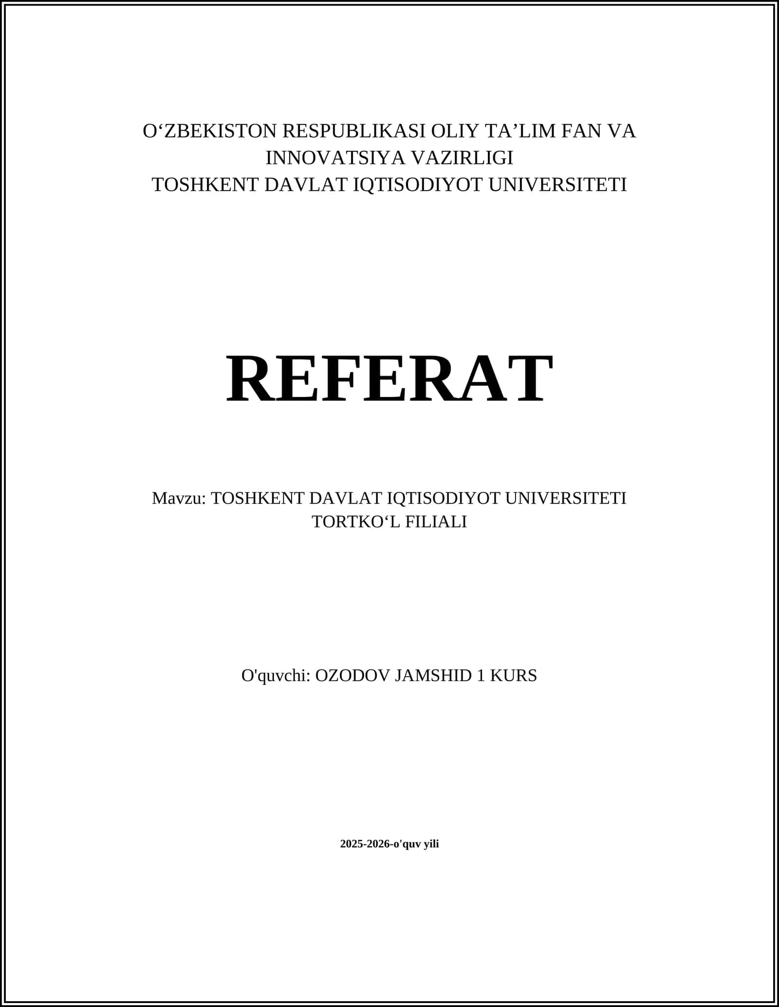 TOSHKENT DAVLAT IQTISODIYOT UNIVERSITETI TORTKOʻL FILIALI