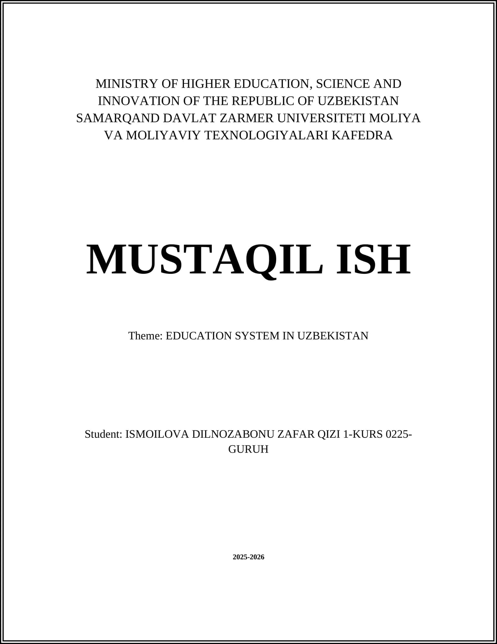 Theme: EDUCATION SYSTEM IN UZBEKISTAN