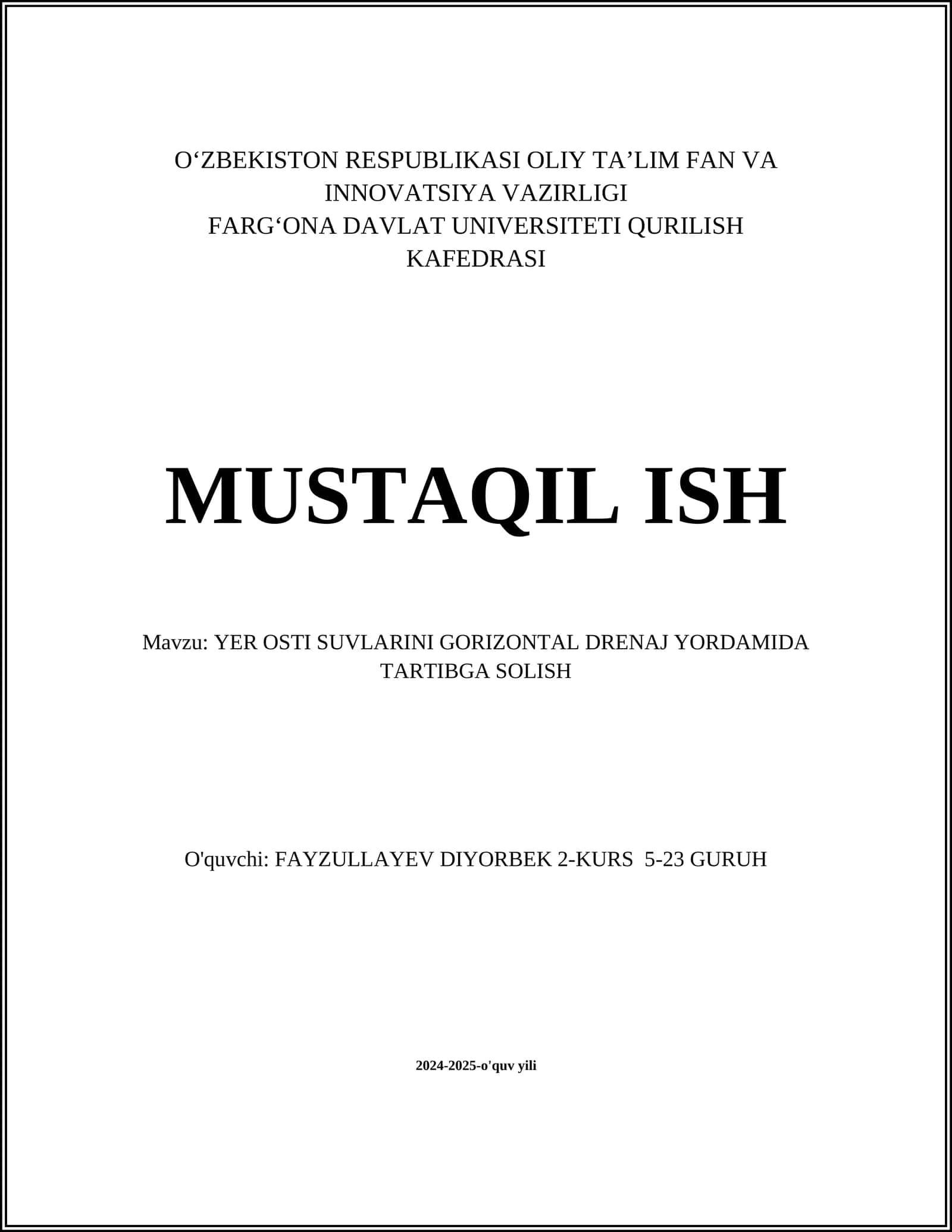 YER OSTI SUVLARINI GORIZONTAL DRENAJ YORDAMIDA TARTIBGA SOLISH
