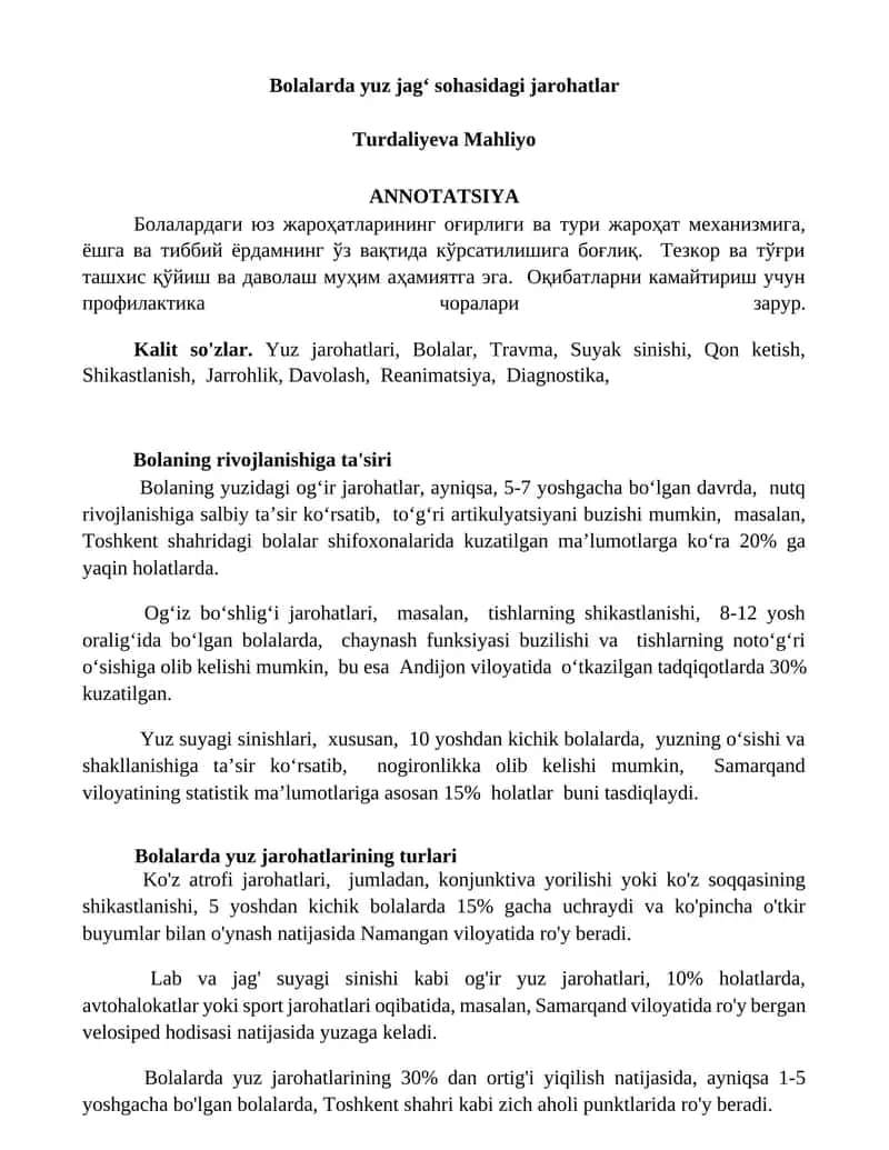 Bolalarda yuz jagʻ sohasidagi jarohatlar