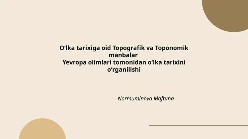 Oʻlka tarixiga oid Topografik va Toponomik manbalar