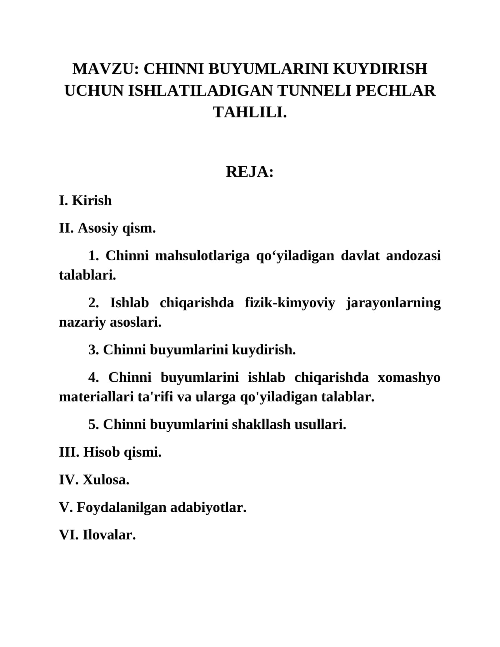 CHINNI BUYUMLARINI KUYDIRISH UCHUN ISHLATILADIGAN TUNNELI PECHLAR TAHLILI