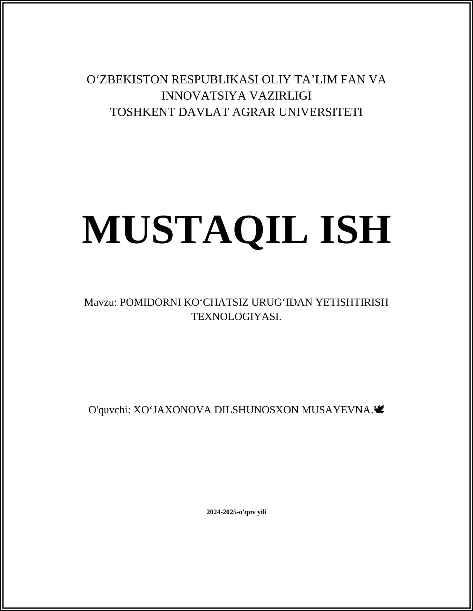 POMIDORNI KOʻCHATSIZ URUGʻIDAN YETISHTIRISH TEXNOLOGIYASI