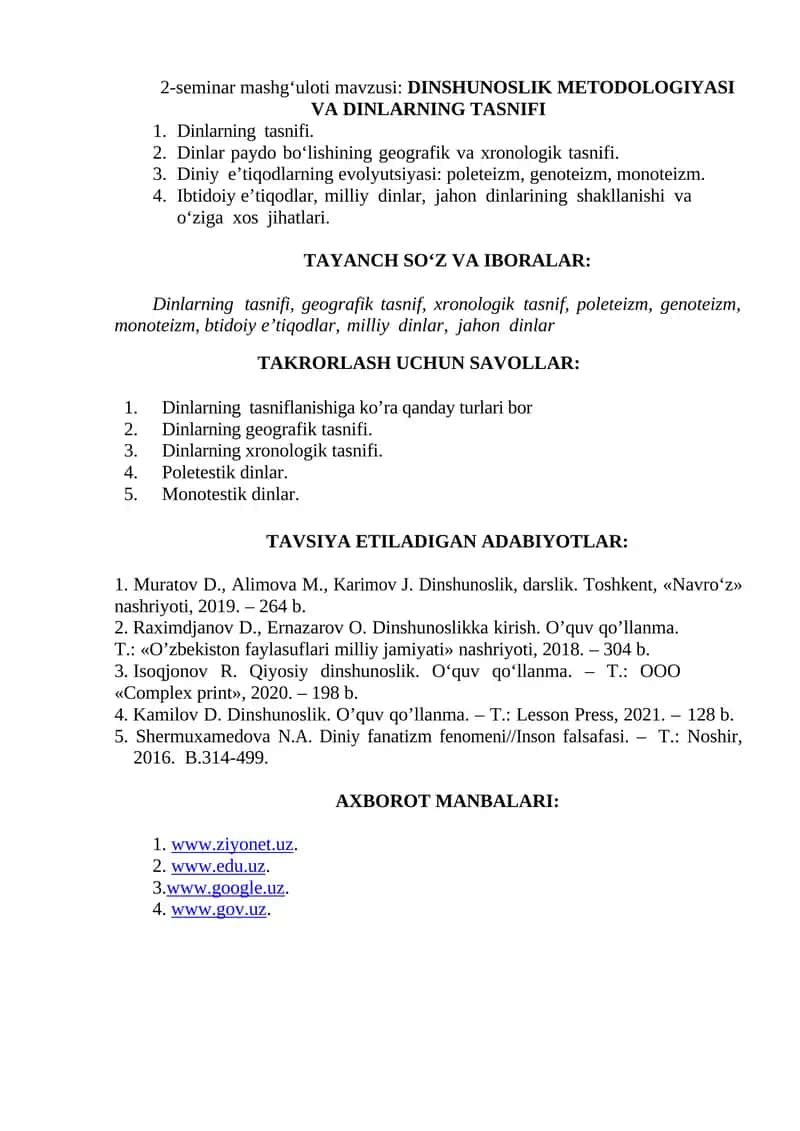 DINSHUNOSLIK METODOLOGIYASI VA DINLARNING TASNIFI
