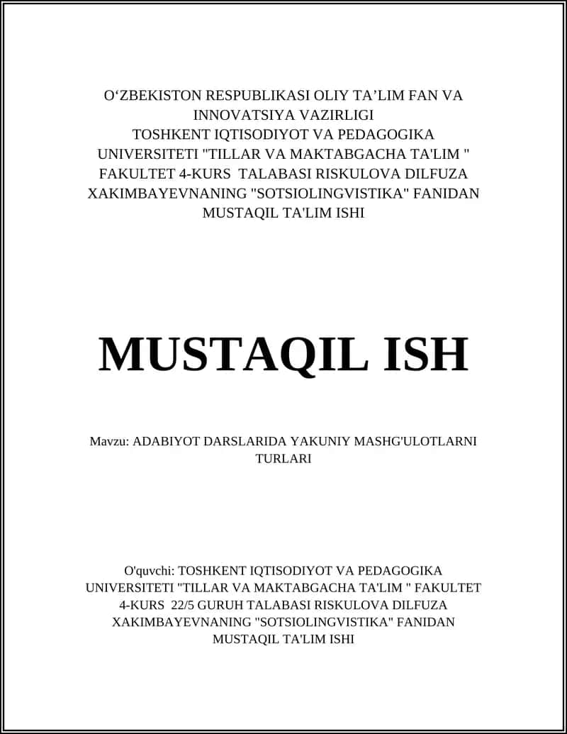 ADABIYOT DARSLARIDA YAKUNIY MASHG'ULOTLARNI TURLARI