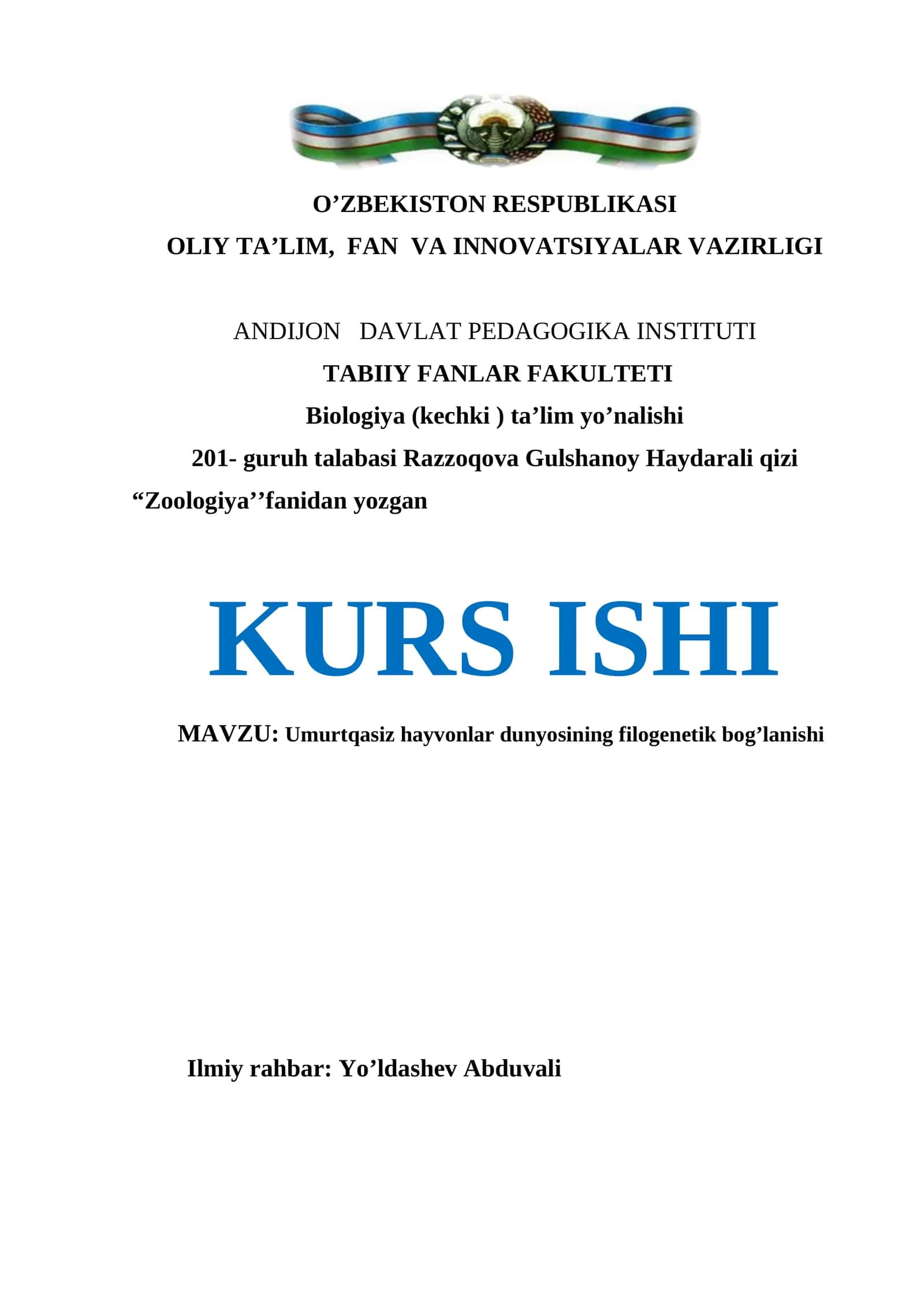 Umurtqasiz hayvonlar dunyosining filogenetik bog’lanishi
