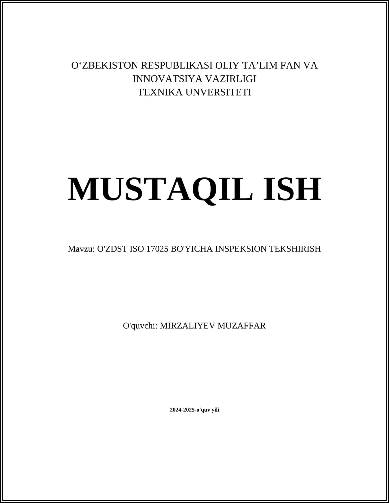 O'ZDST ISO 17025 BO'YICHA INSPEKSION TEKSHIRISH