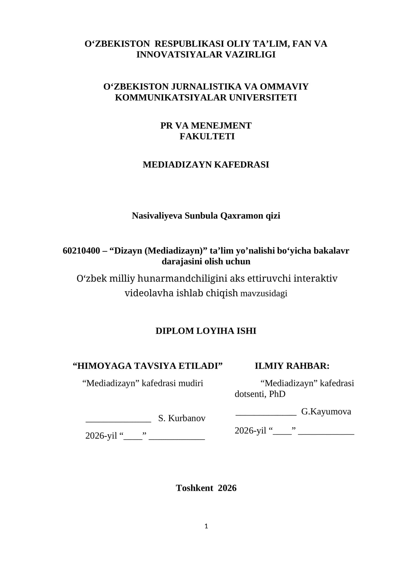 Dizayn (Mediadizayn) Ta'lim Yo'nalishi Bakalavr Darajasi