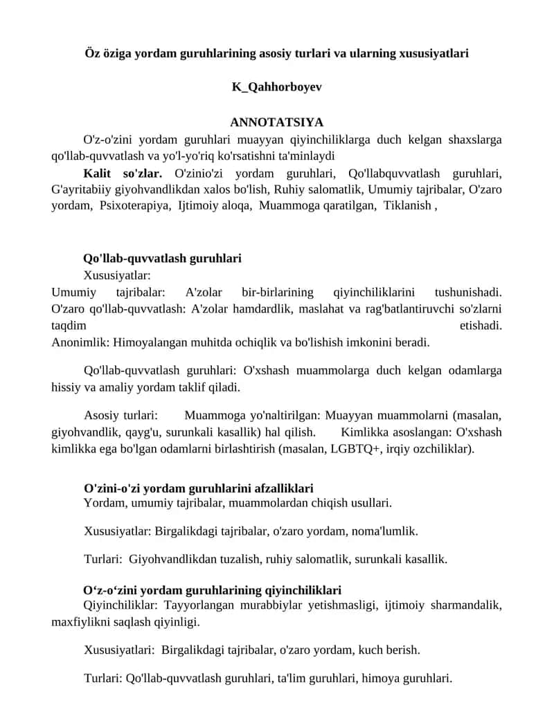 Öz öziga yordam guruhlarining asosiy turlari va ularning xususiyatlari
