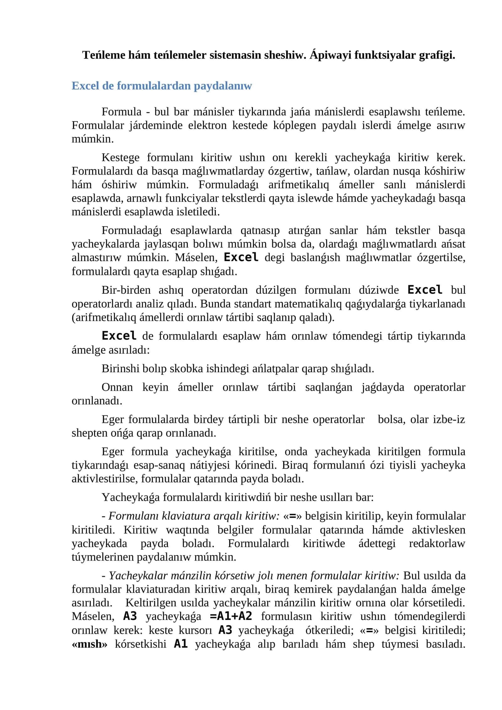 Excel de formulalardan paydalanıw