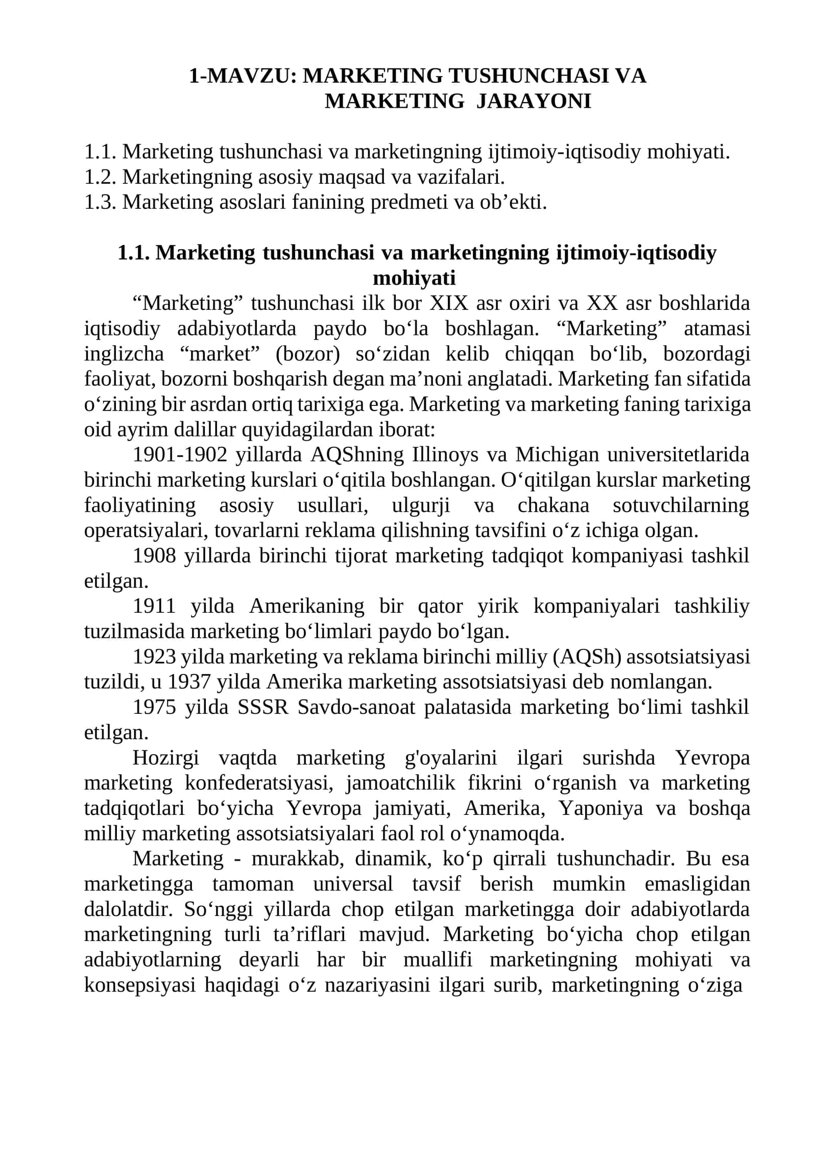 MARKETING TUSHUNCHASI VA MARKETING JARAYONI