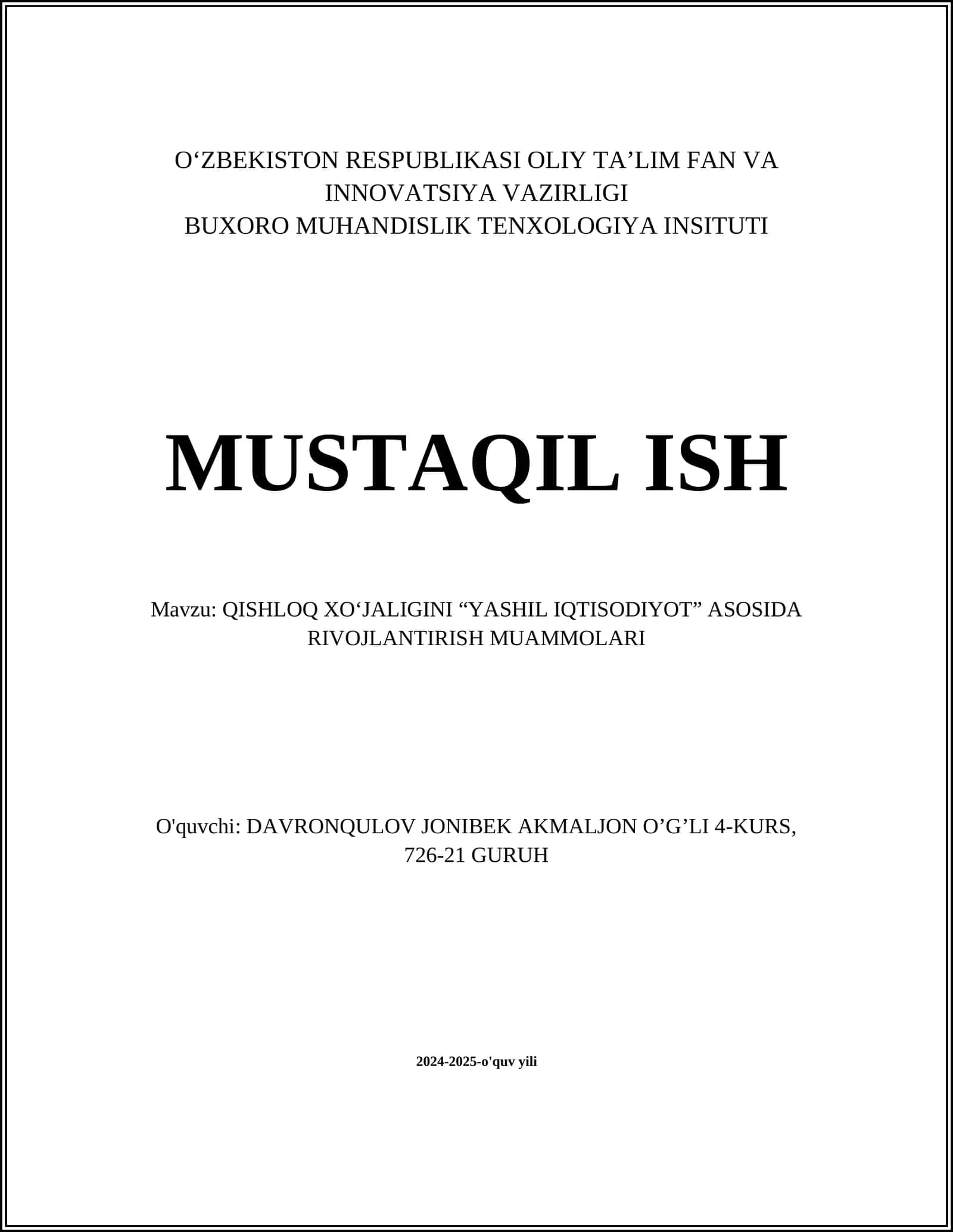 QISHLOQ XO‘JALIGINI “YASHIL IQTISODIYOT” ASOSIDA RIVOJLANTIRISH MUAMMOLARI