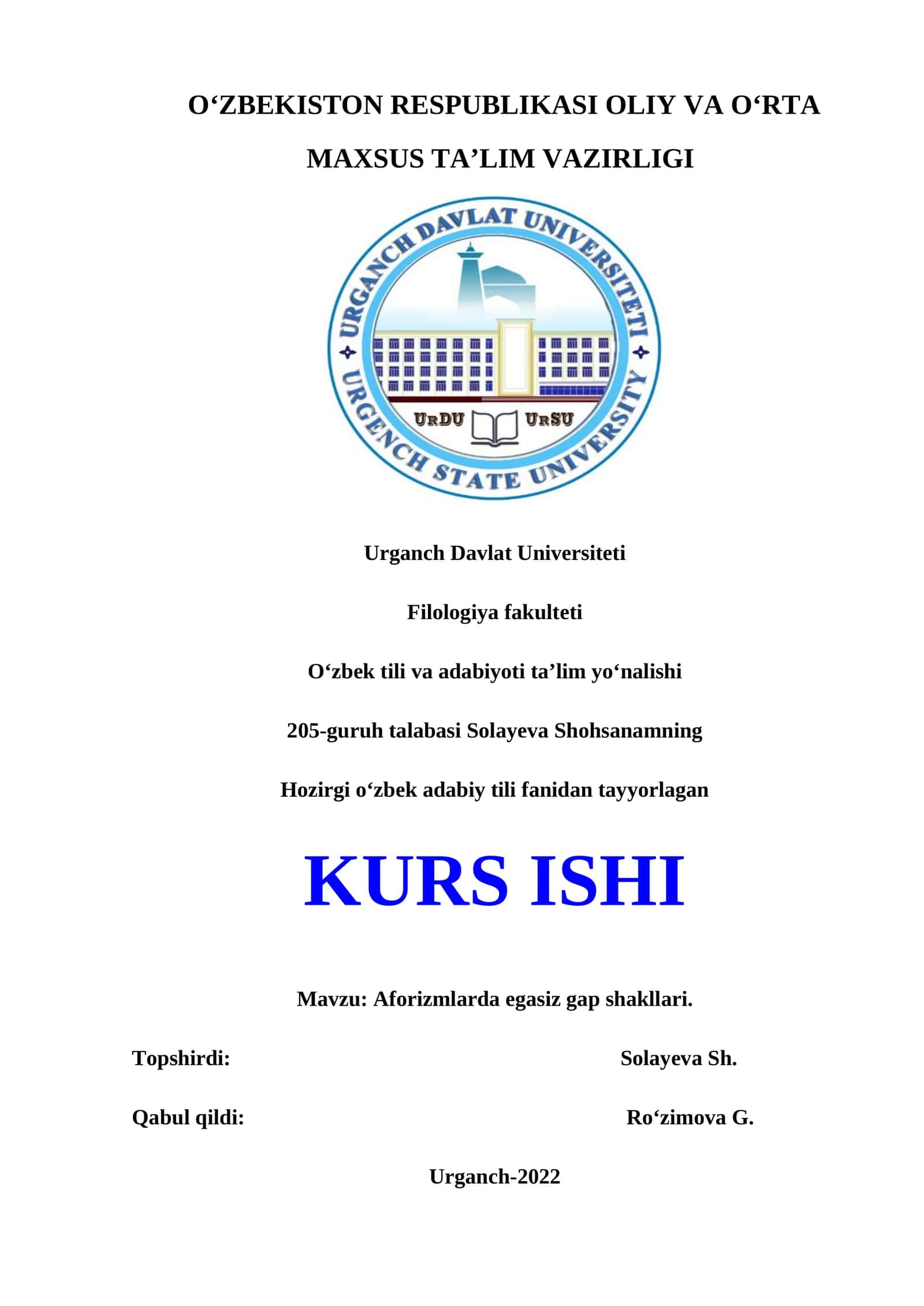 Aforizmlarda egasiz gap shakllari KURS ISHI