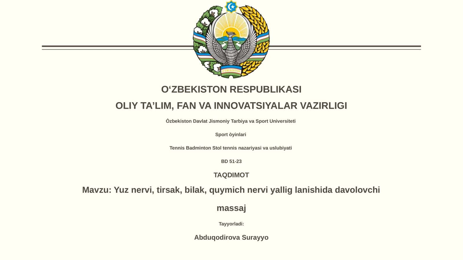 Yuz nervi, tirsak, bilak, quymich nervi yallig lanishida davolovchi massaj