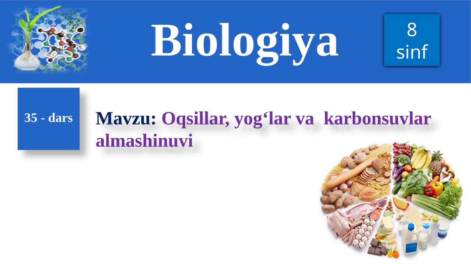 "Oqsillar, yog‘lar va karbonsuvlar almashinuvi" mavzusida 8-sinf biologiya fanidan dars ishlanma.