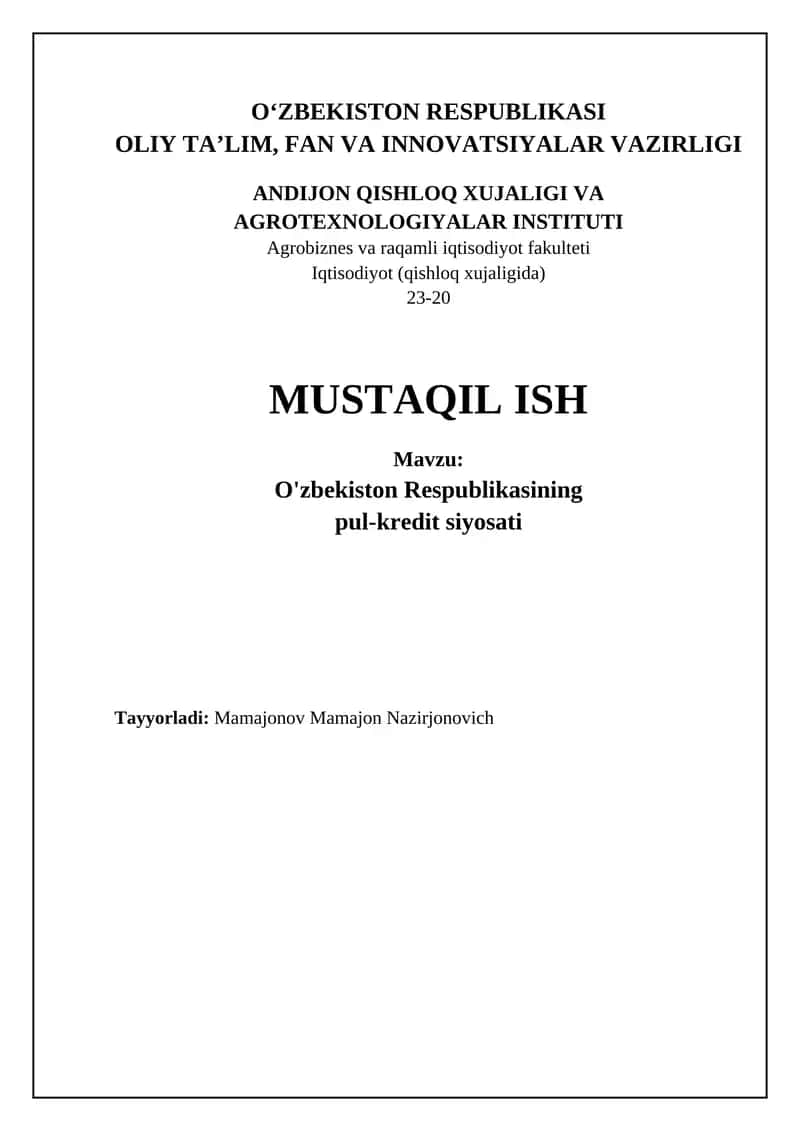 O'zbekiston Respublikasining pul-kredit siyosati