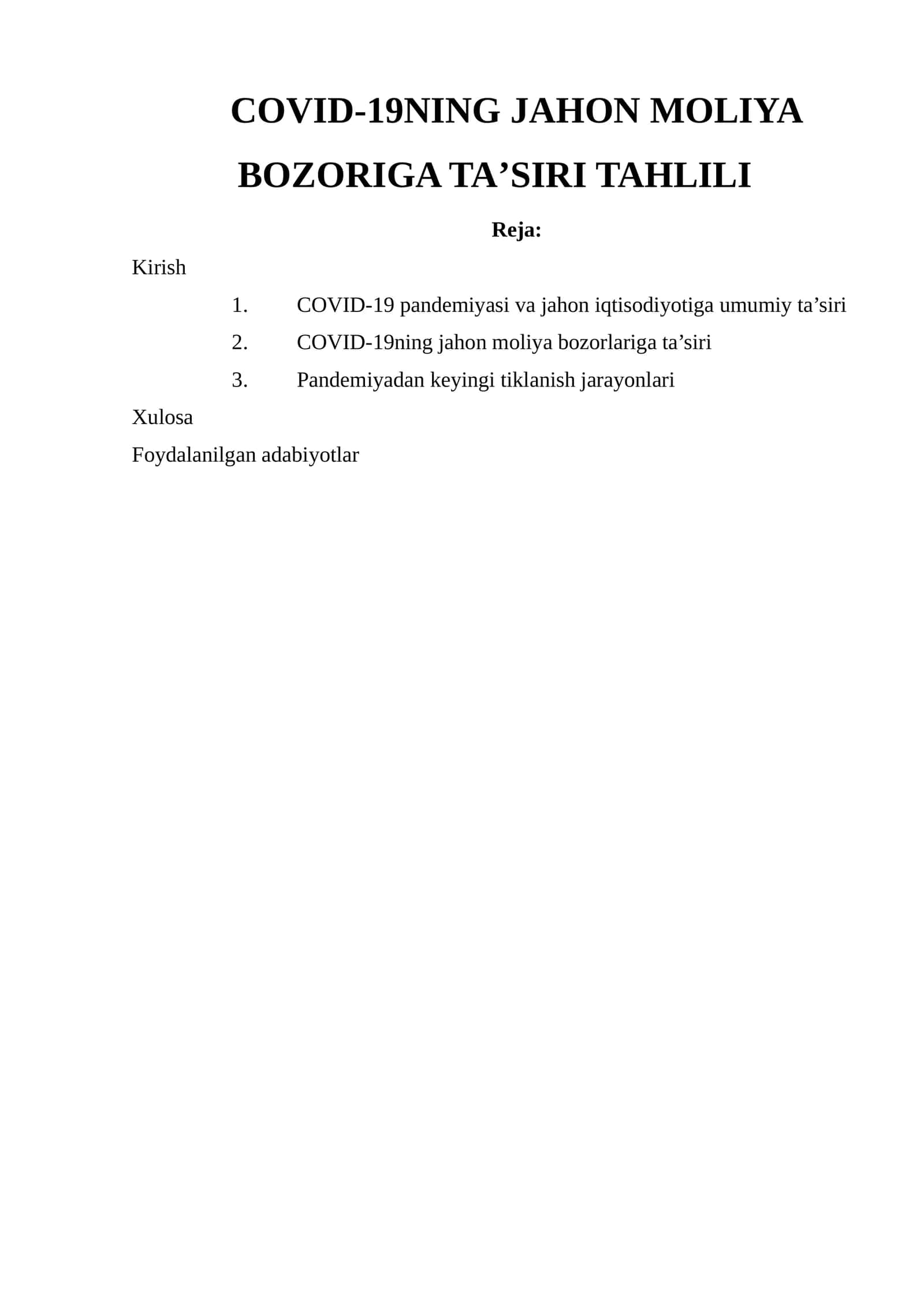 COVID-19NING JAHON MOLIYA BOZORIGA TAʼSIRI TAHLILI