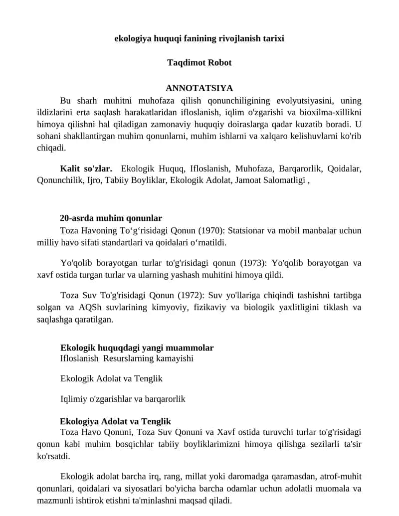 Ekologiya huquqi fanining rivojlanish tarixi