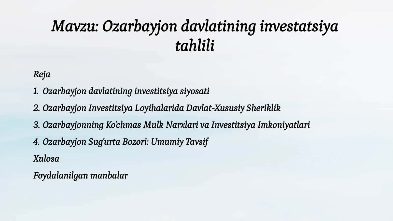 Ozarbayjonning Investitsiya Loyihalarida Davlat-Xususiy Sheriklik