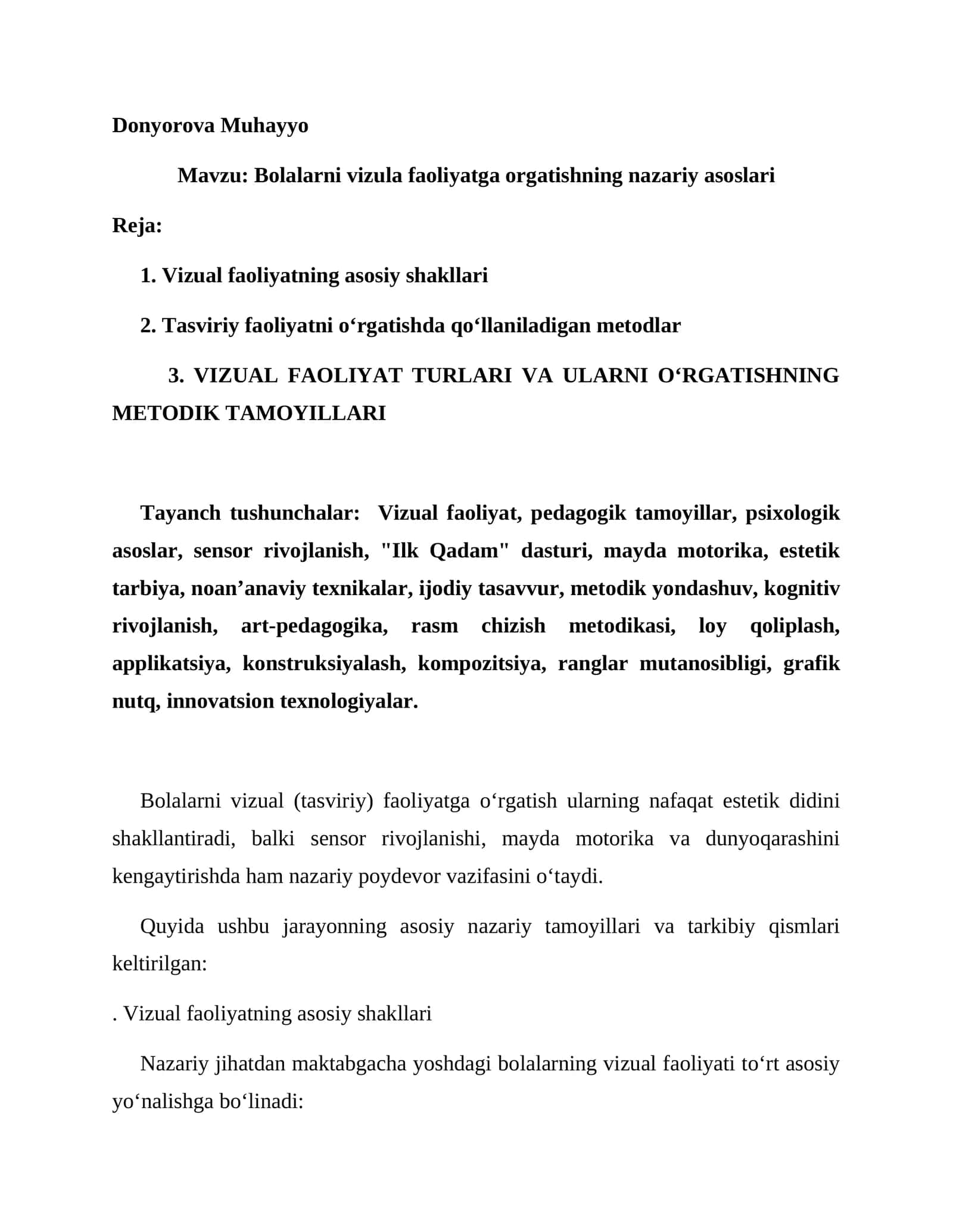 Bolalarni vizula faoliyatga orgatishning nazariy asoslari