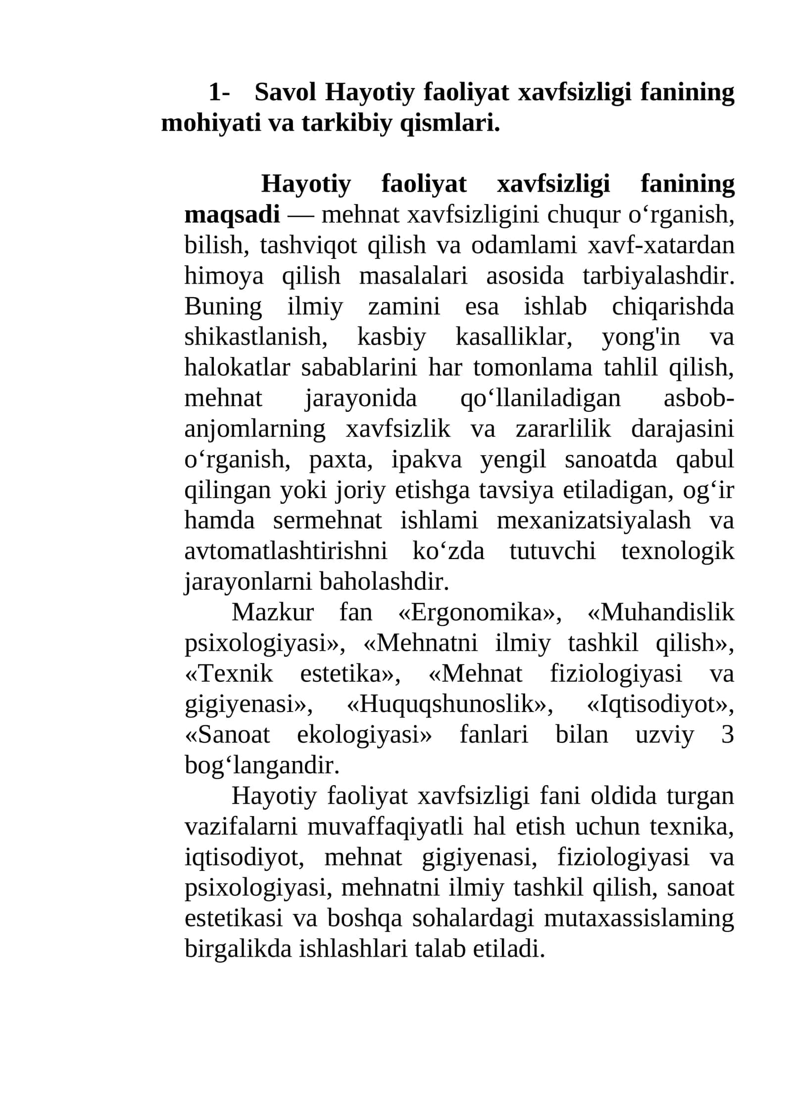 Savol Hayotiy faoliyat xavfsizligi fanining mohiyati va tarkibiy qismlari