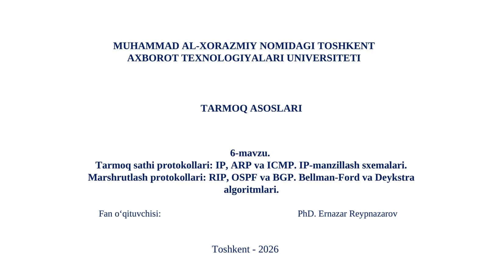 Tarmoq sathi protokollari: IP, ARP va ICMP