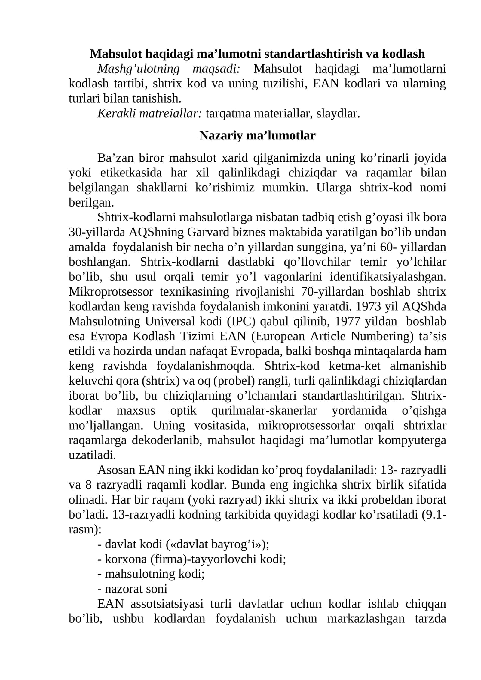 Mahsulot haqidagi ma'lumotni standartlashtirish va kodlash