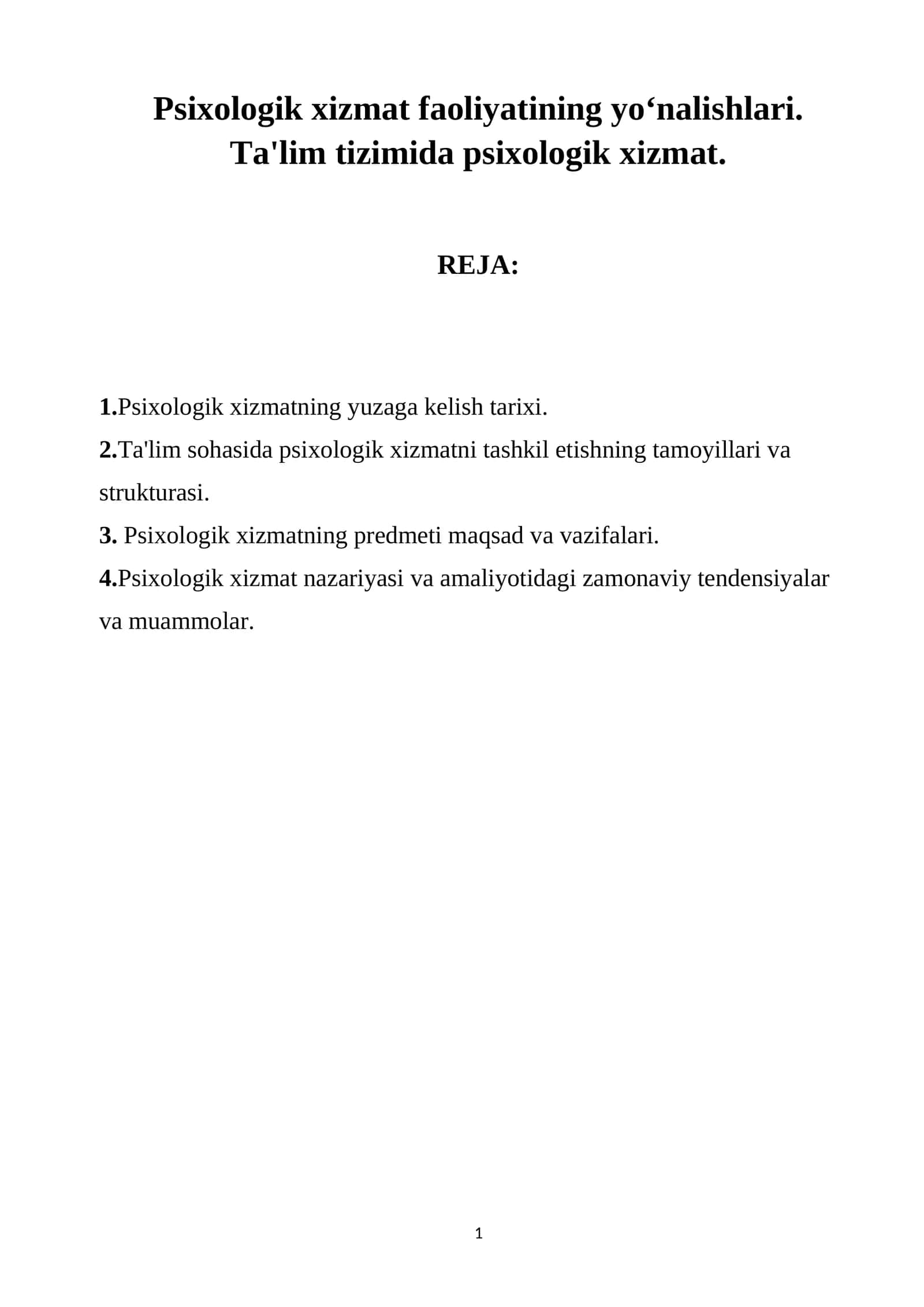 Psixologik xizmat faoliyatining yoʻnalishlari