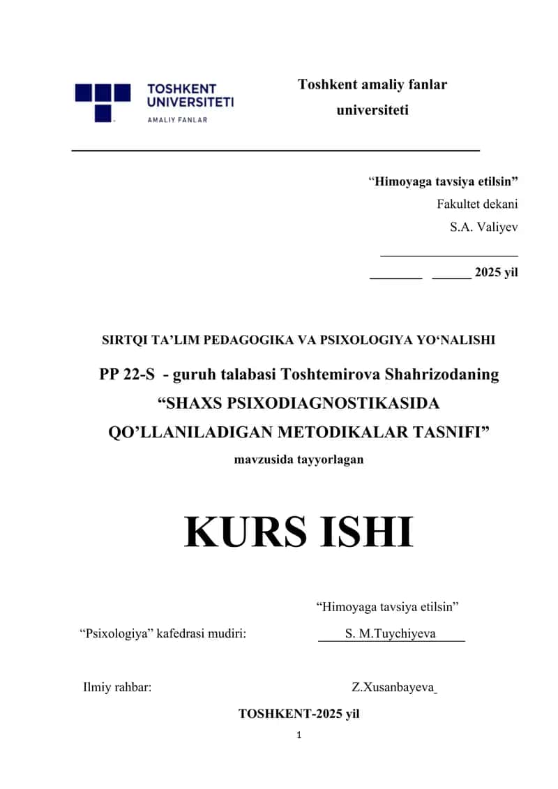 SHAXS PSIXODIAGNOSTIKASIDA QO’LLANILADIGAN METODIKALAR TASNIFI