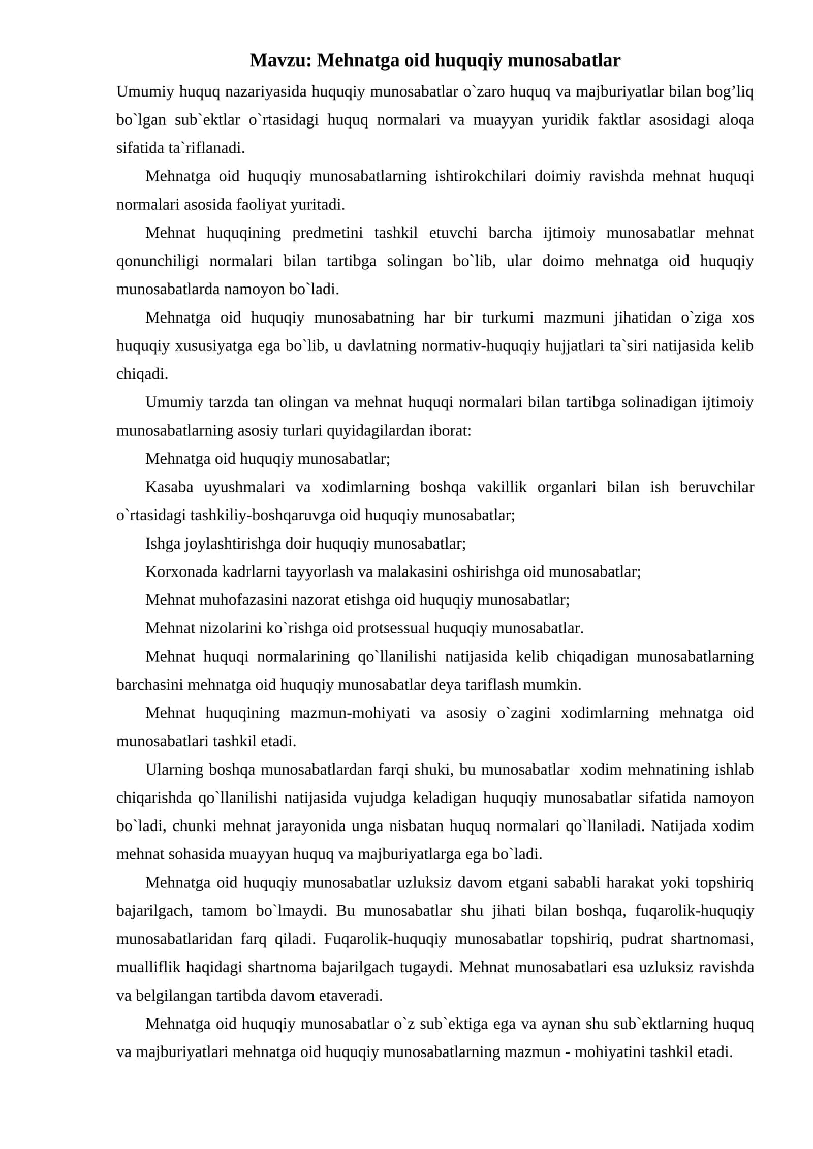 Mehnatga oid huquqiy munosabatlar