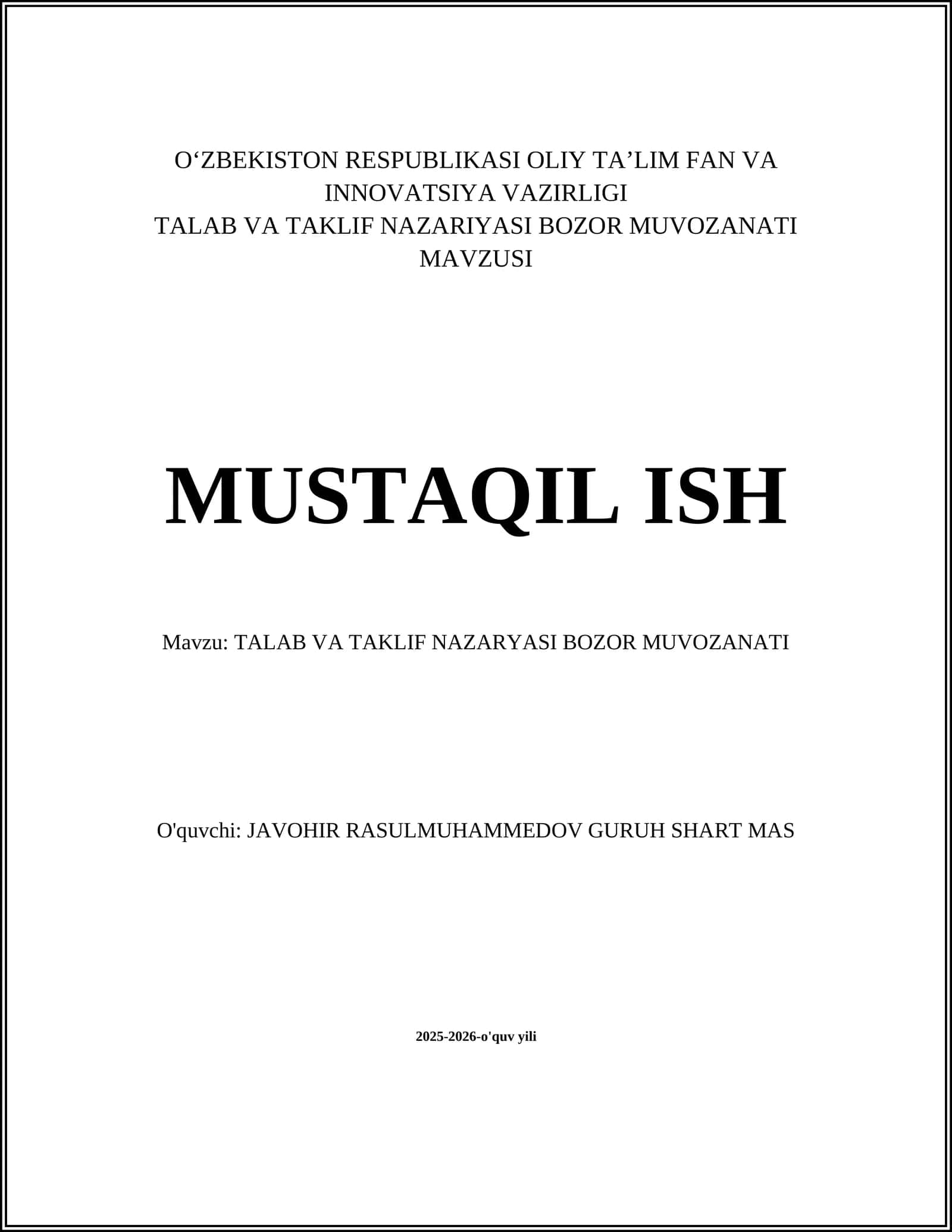 TALAB VA TAKLIF NAZARYASI BOZOR MUVOZANATI