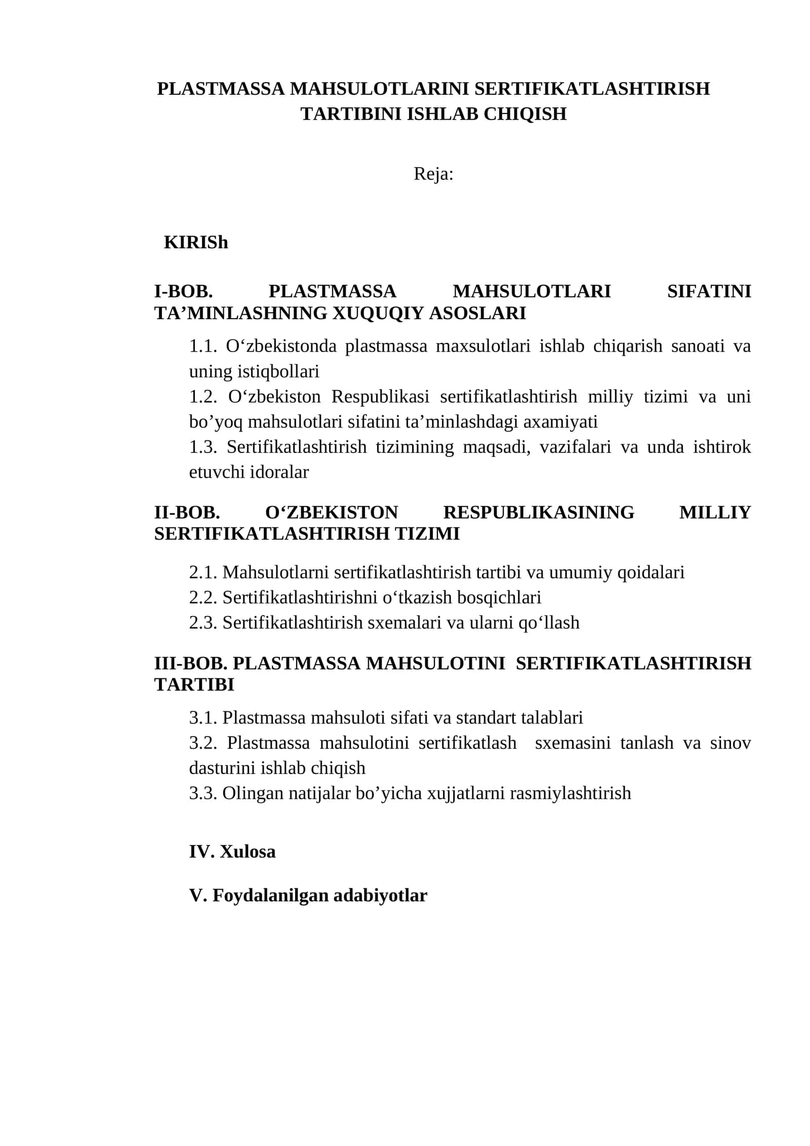 PLASTMASSA MAHSULOTLARINI SERTIFIKATLASHTIRISH TARTIBINI ISHLAB CHIQISH