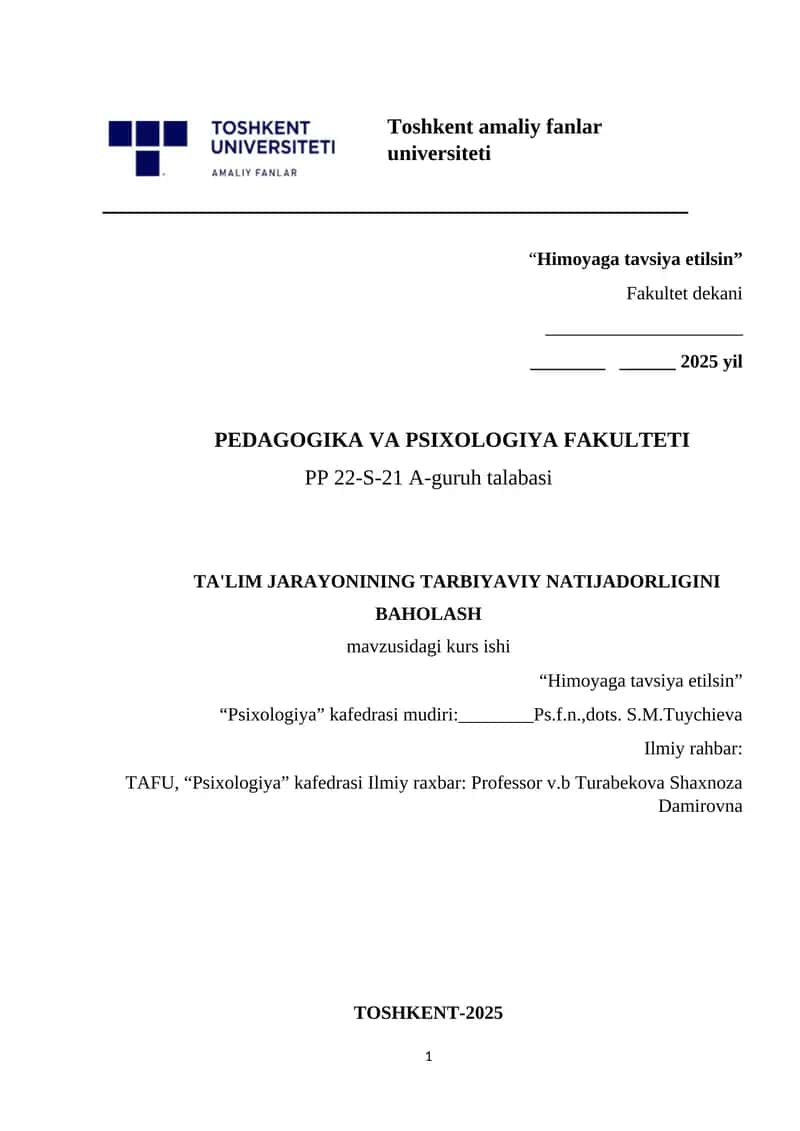 TA'LIM JARAYONINING TARBIYAVIY NATIJADORLIGINI BAHOLASH