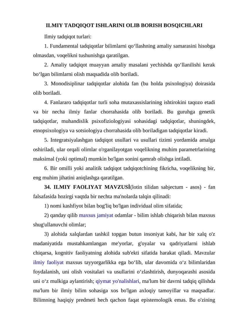 ILMIY TADQIQOT ISHLARINI OLIB BORISH BOSQICHLARI