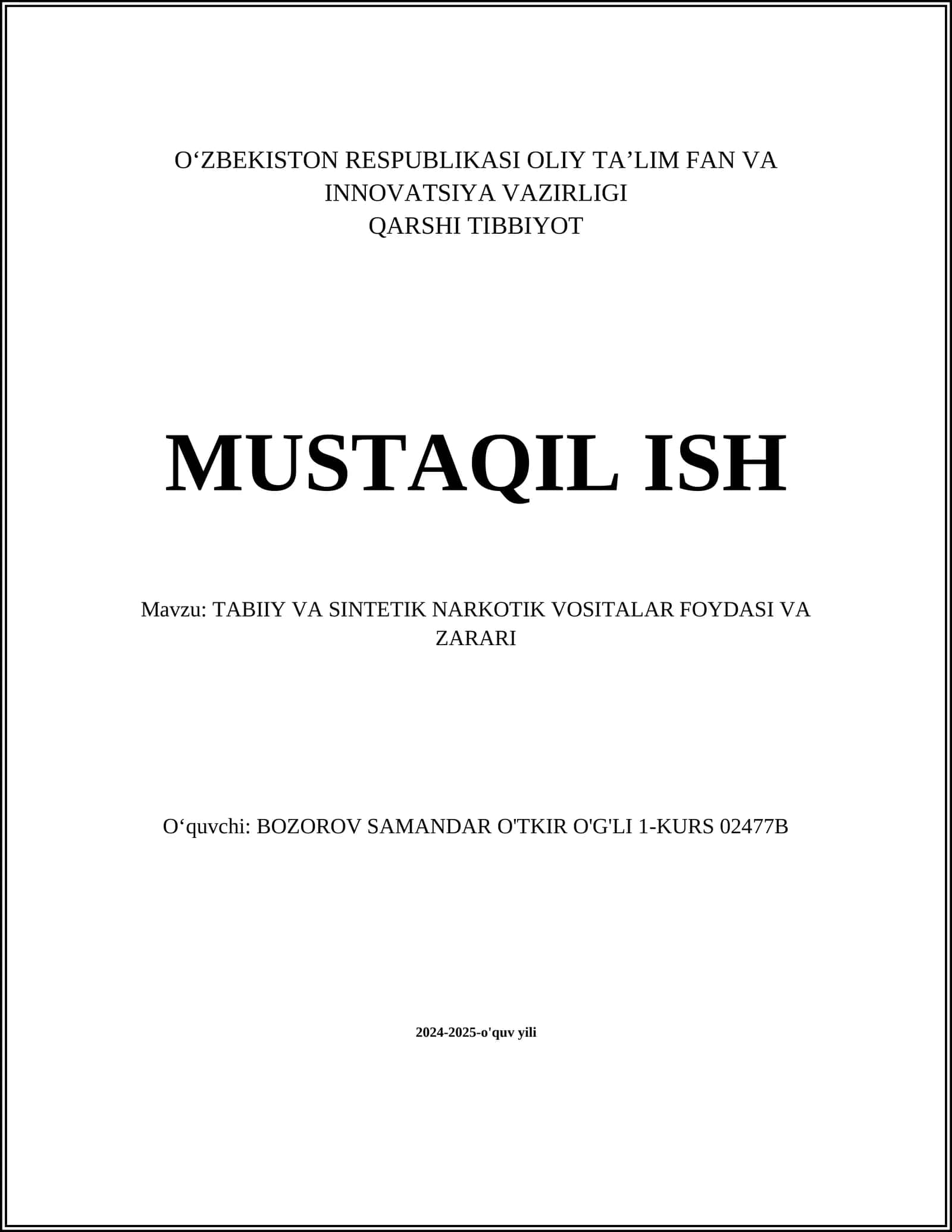TABIIY VA SINTETIK NARKOTIK VOSITALAR FOYDASI VA ZARARI