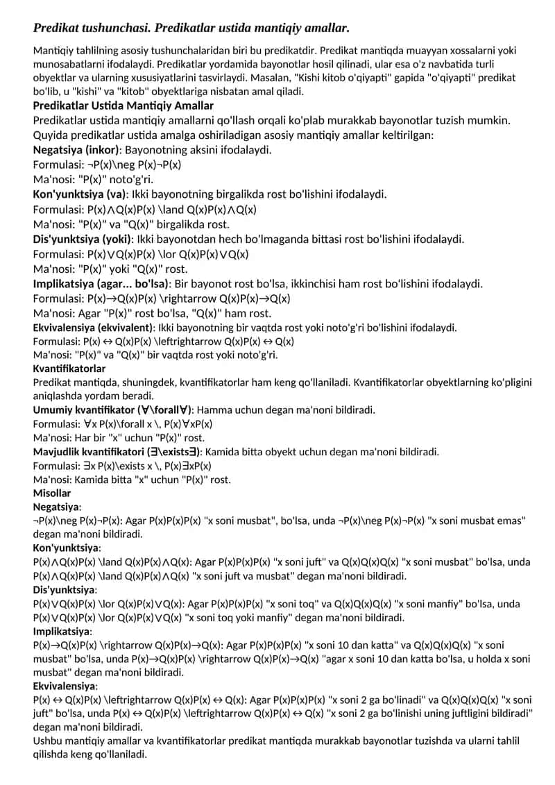 Predikatlar Ustida Mantiqiy Amallar