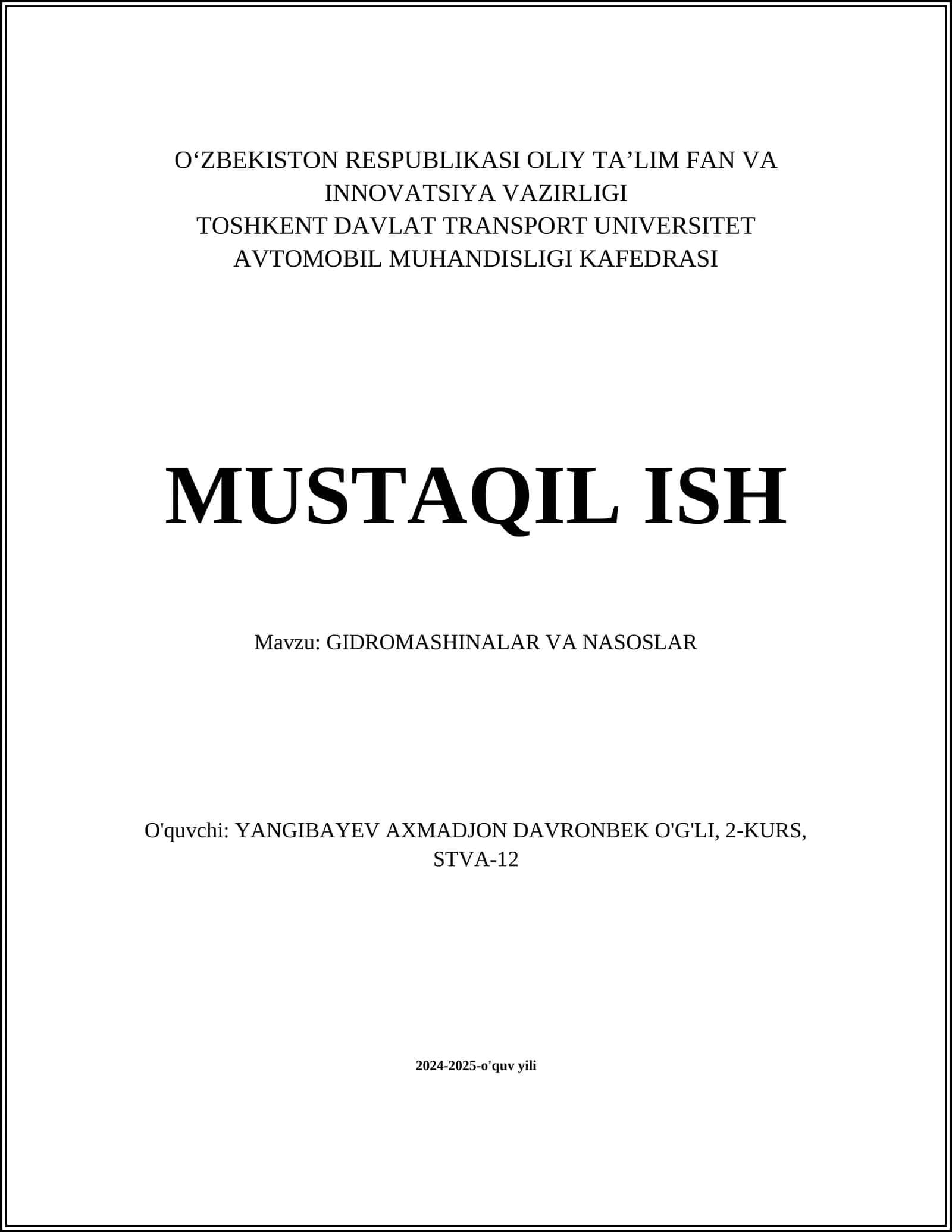 GIDROMASHINALAR VA NASOSLAR
